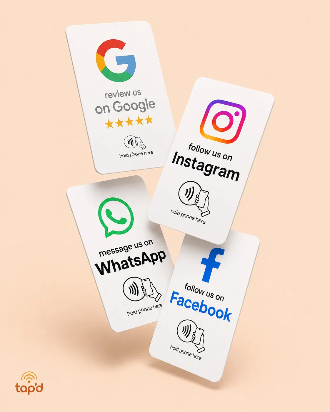 Google, Instagram, WhatsApp and Facebook tap cards floating on a cream background
